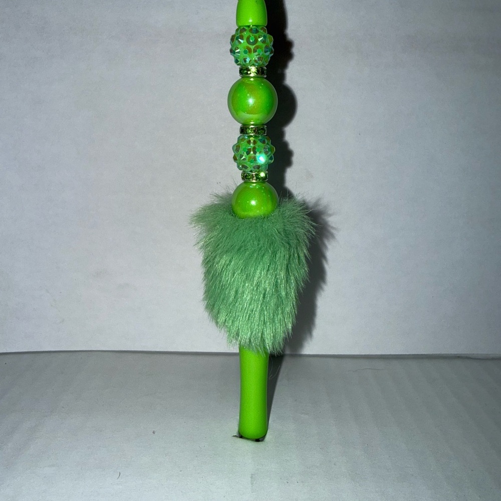 Handmade Beaded Pen- Lime Green Pen with resin beads and fuzzy base